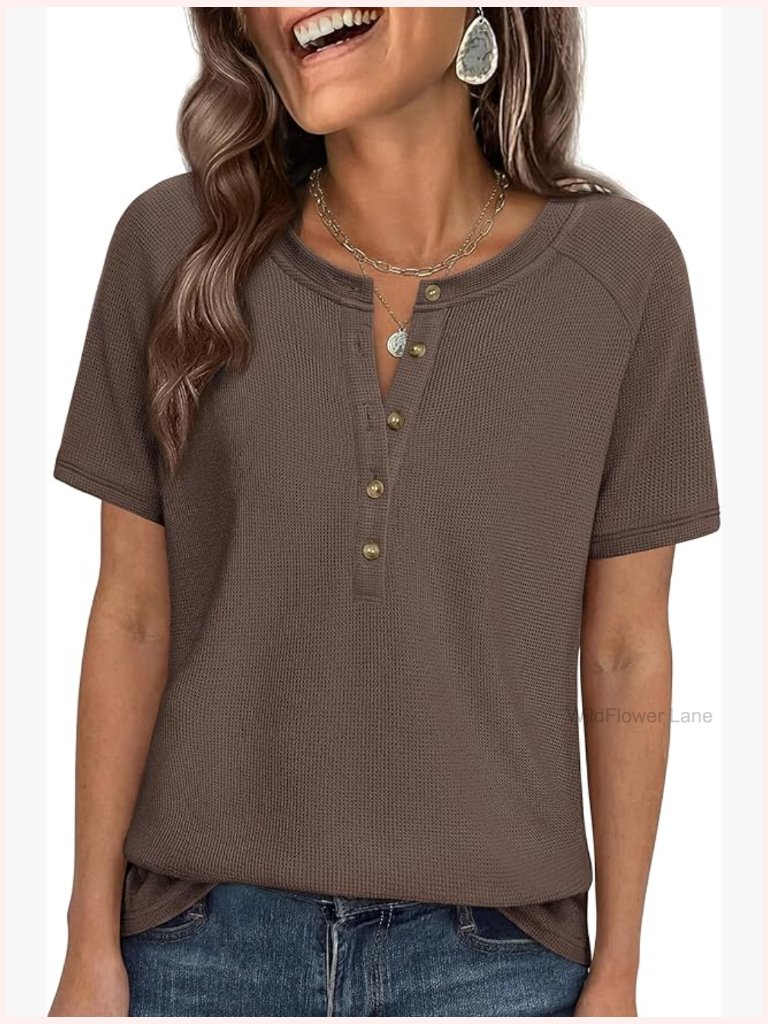 Waffle Knit Short Sleeve Henley Blouse Soft Casual Top